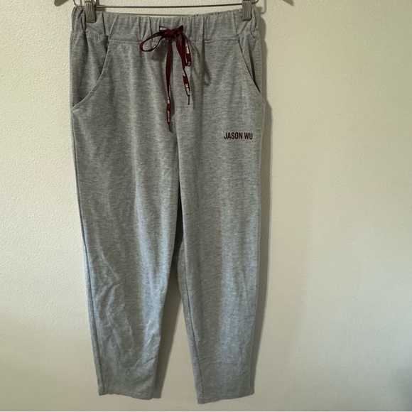 Jason Wu Pants - Jason Wu Tapered Leg Joggers Heater Gray Burgundy Drawstring Spellout Pockets-S